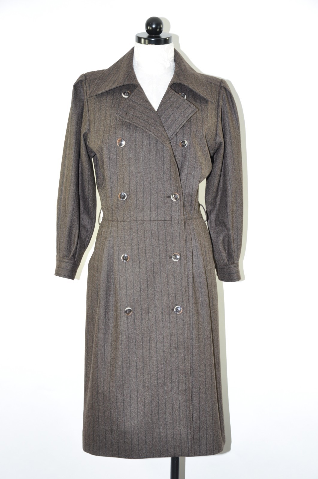 80s Vintage Saint Laurent Rive Gauche Brown Stripe Wool Tweed Coat Dress Women M