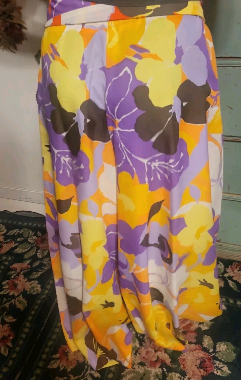 Retro vintage hippy glamour groovy yellow purple orange palazoo pants womens 9
