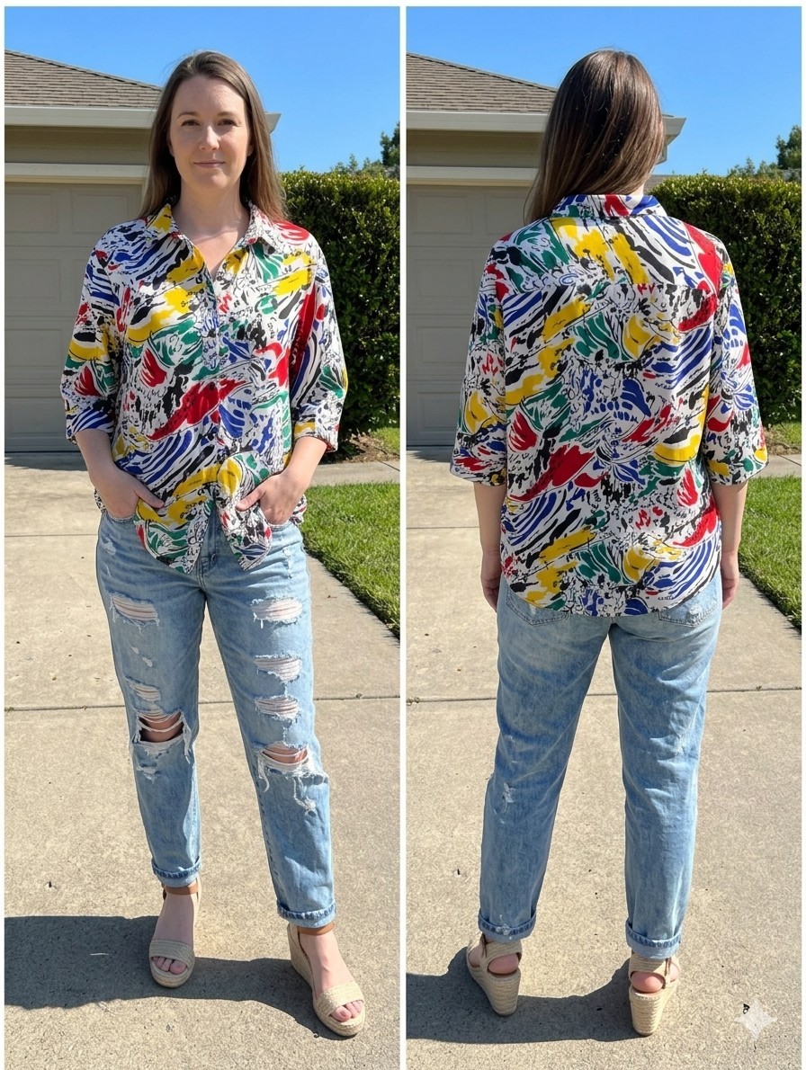 Vintage 80s Top Notch Abstract Art Paint Splatter Button Up Shirt Women Plus 18W