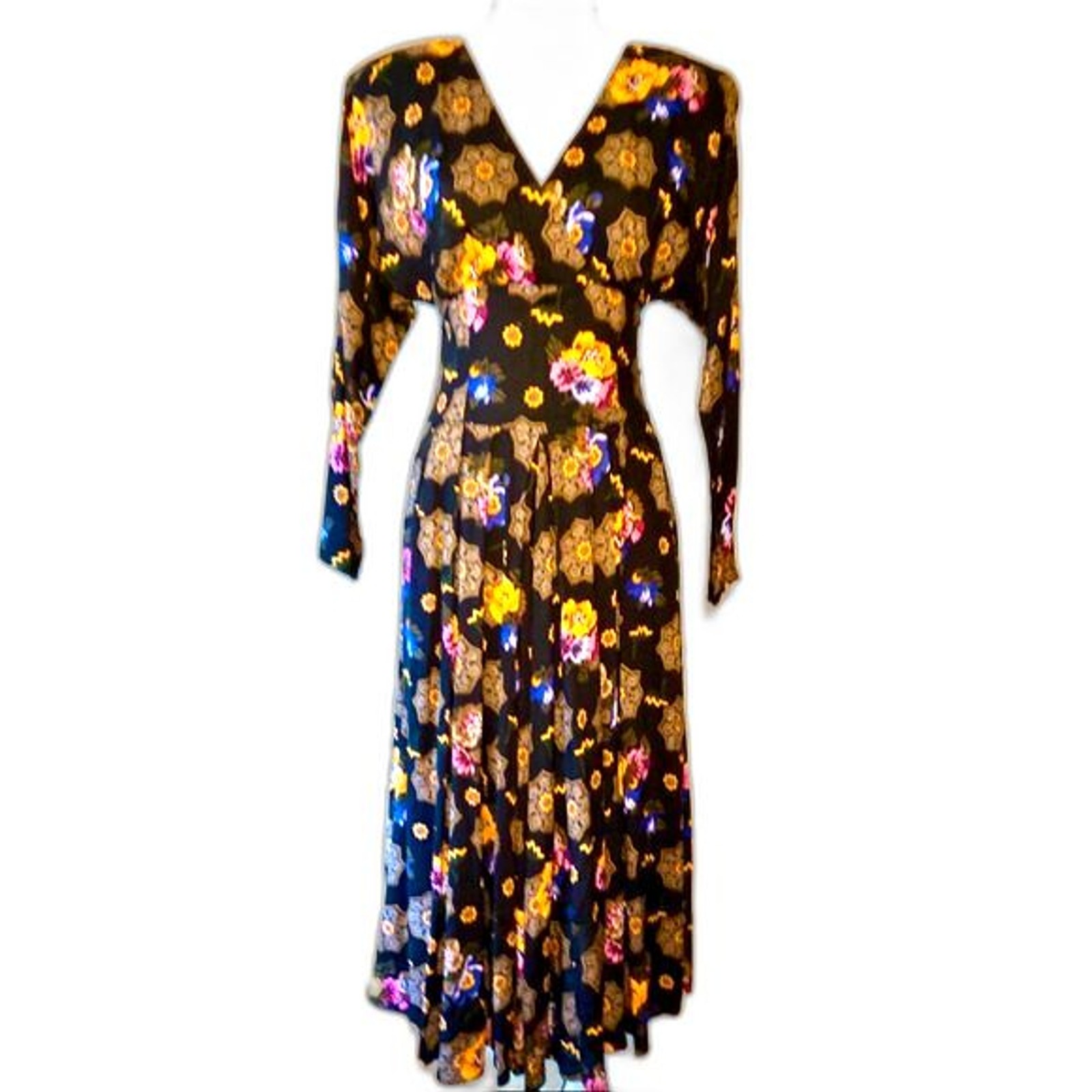 Vintage 90s Maggie Lawrence Rayon Dress 6 Dolman Sleeve Shoulder Pad Midi