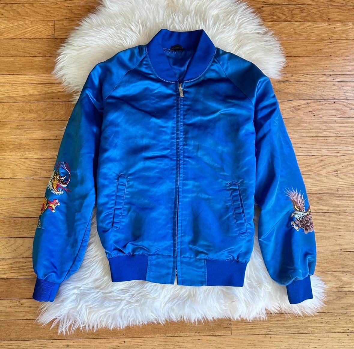 vintage 1980s sukajan souvenir blue far east japan satin bomber jacket small