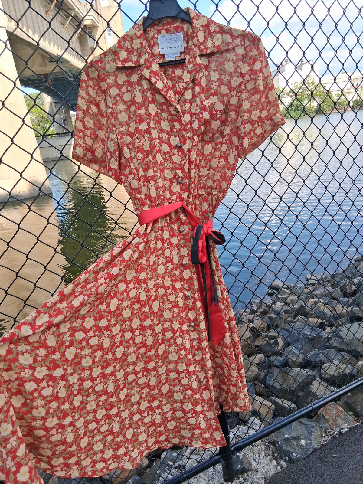 Vtg Warren Saks Fifth Ave Long Dress 10 Floral Buttons Relaxed A-line Short Sl.