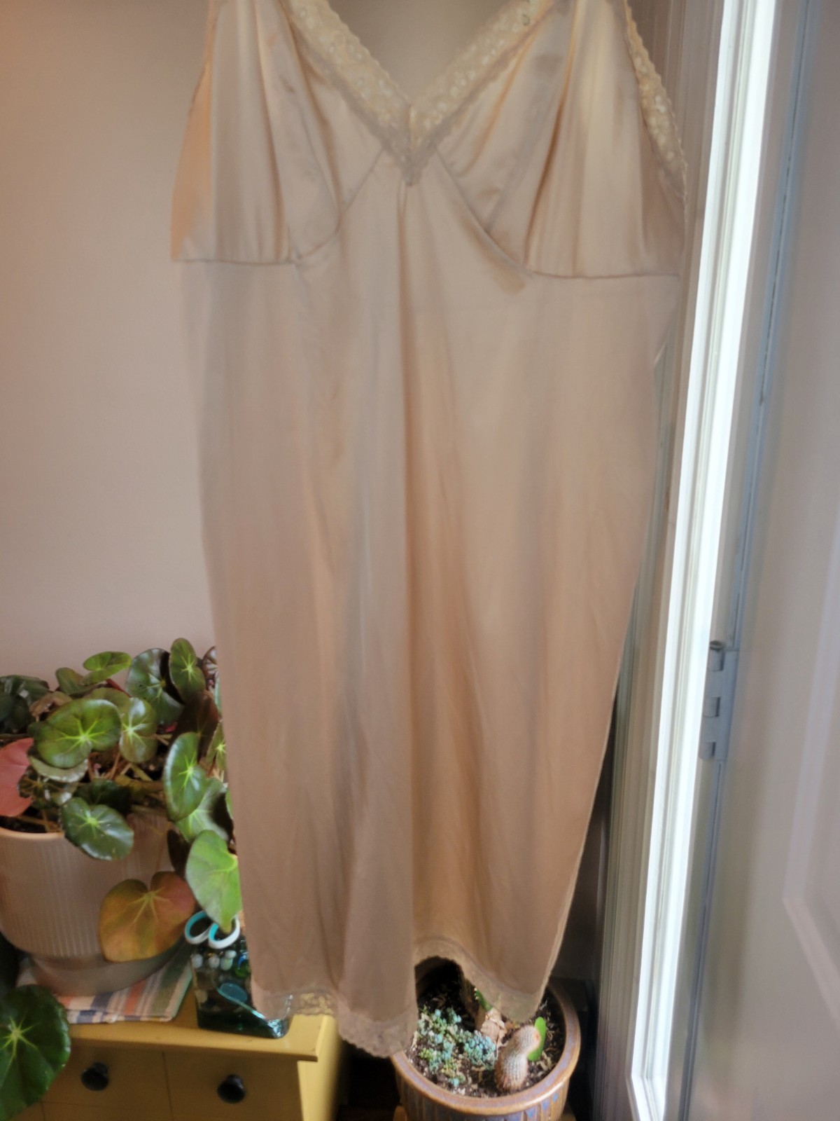 Vintage Vanity Fair Full Nude Cream Silk Slip Dress, Size Womens 40 Large