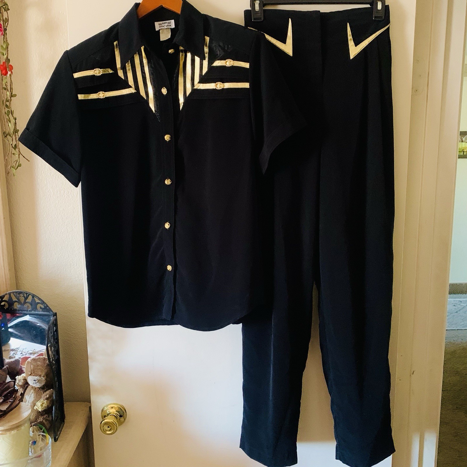 Vintage 80’s RIO Inc. ‘USA MADE’ Black & Gold Shiny Shirt & Pant Suit ~ Sz Small