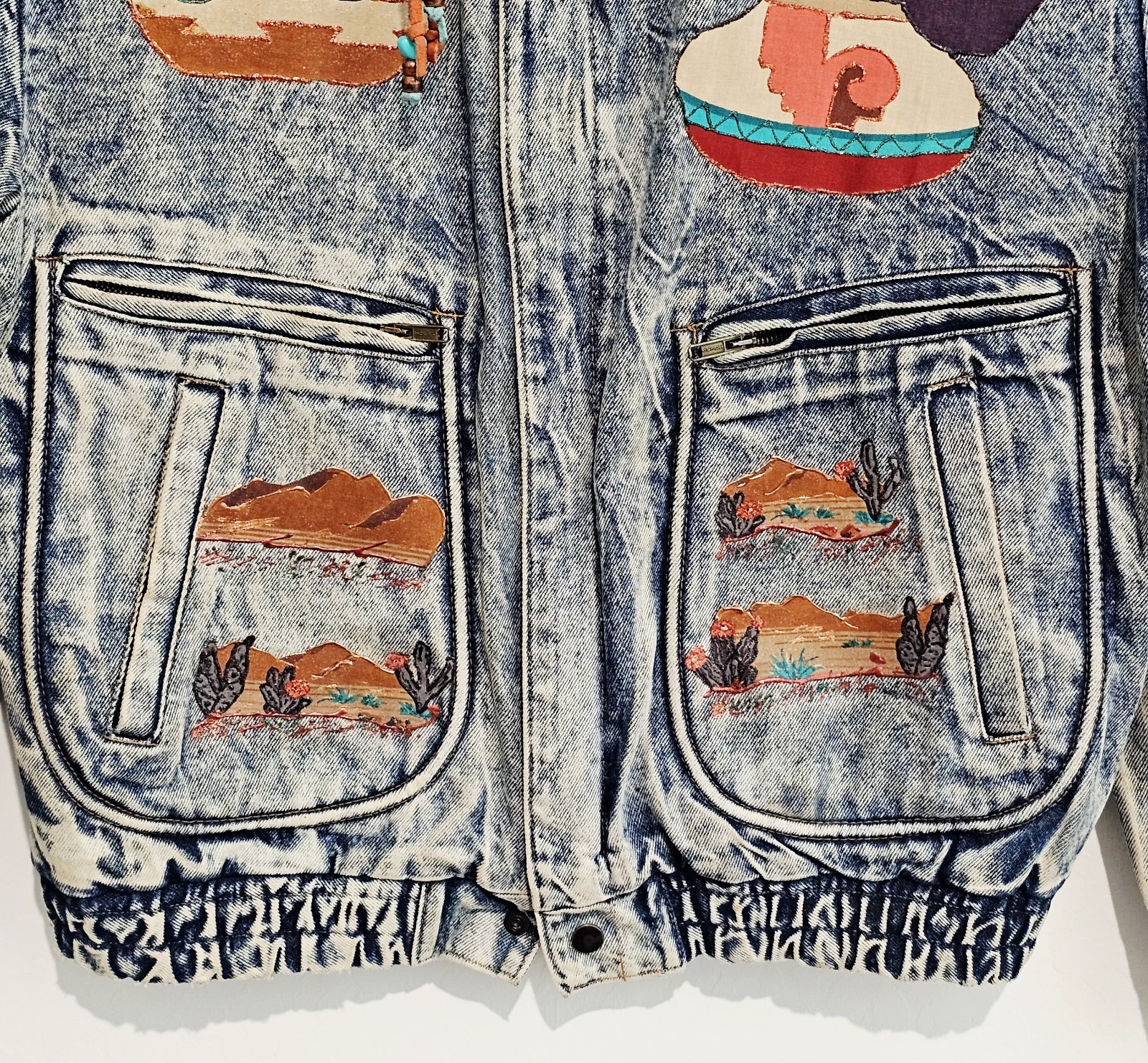 Vintage 80s Denim Jean Jacket Size M Acid Washed Southwestern Aztec Made In USA