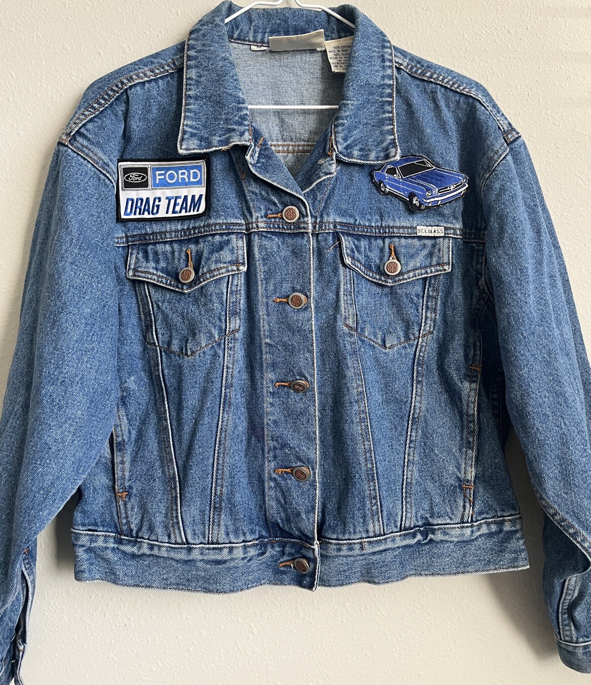 VTG 1980s Bill Blass Boxy All Cotton Jean Jacket W/racing Patches Womens Size M