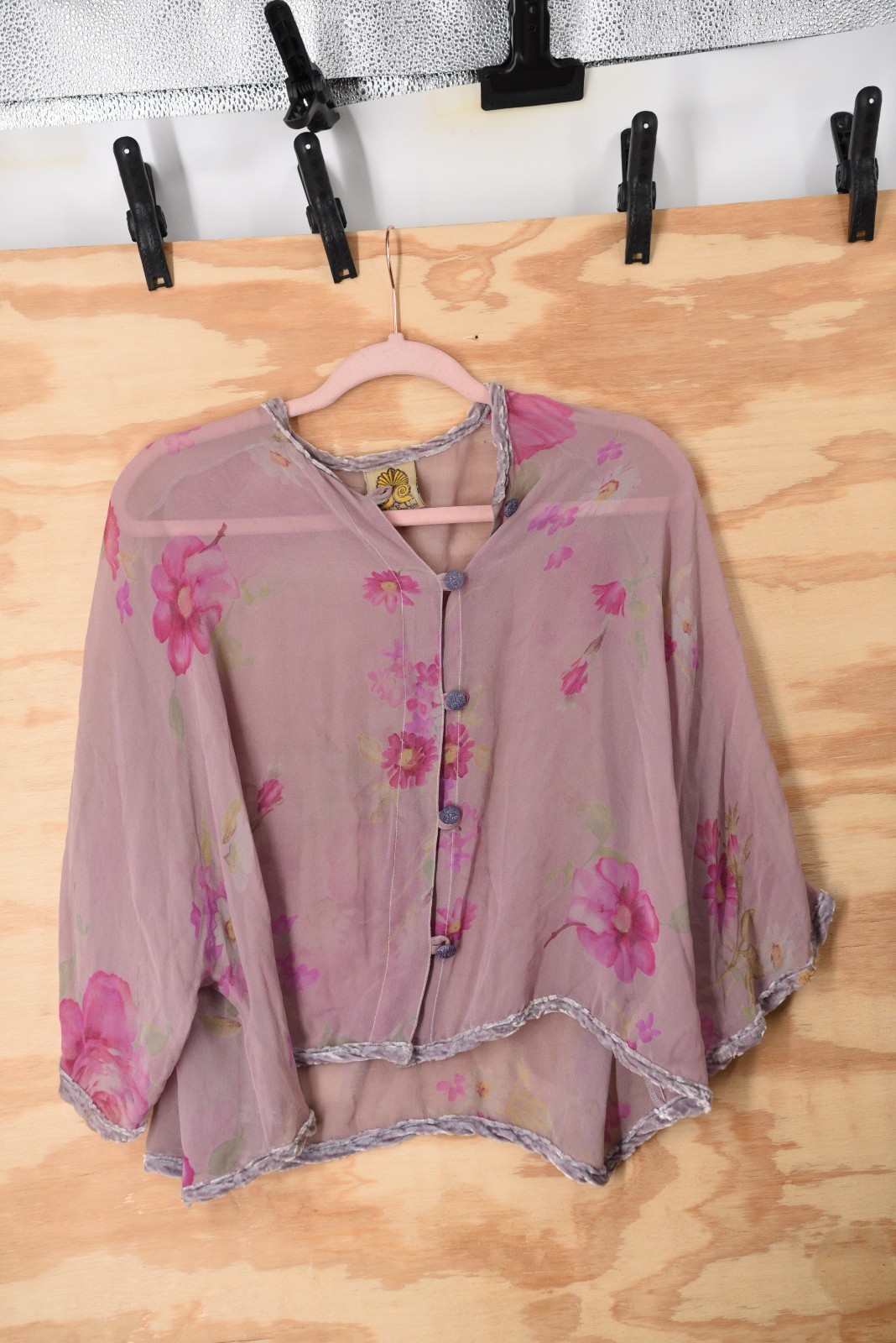 Vintage URU Kristine St Rrik Silk Floral Chiffon Velvet Trim RARE! Button Shirt