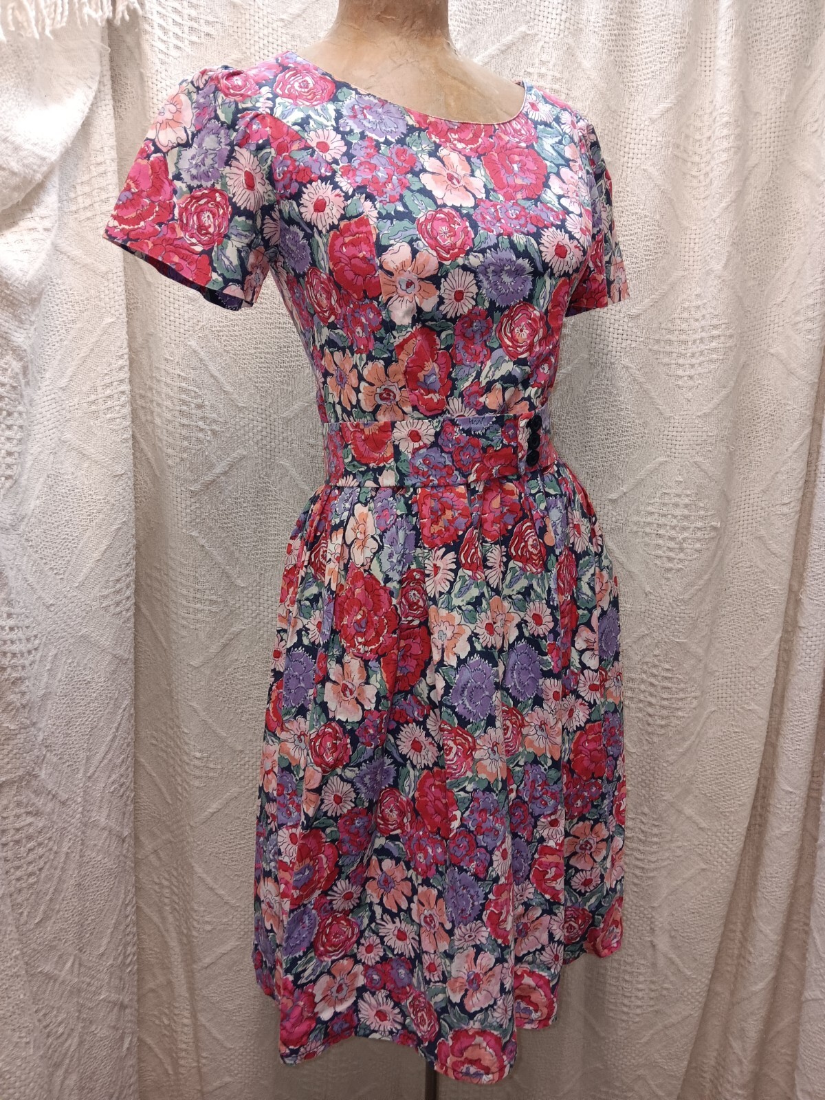 Vtg 1980’s Retro 50’s Red Pink Green Peach Black Cotton Dress Size XS