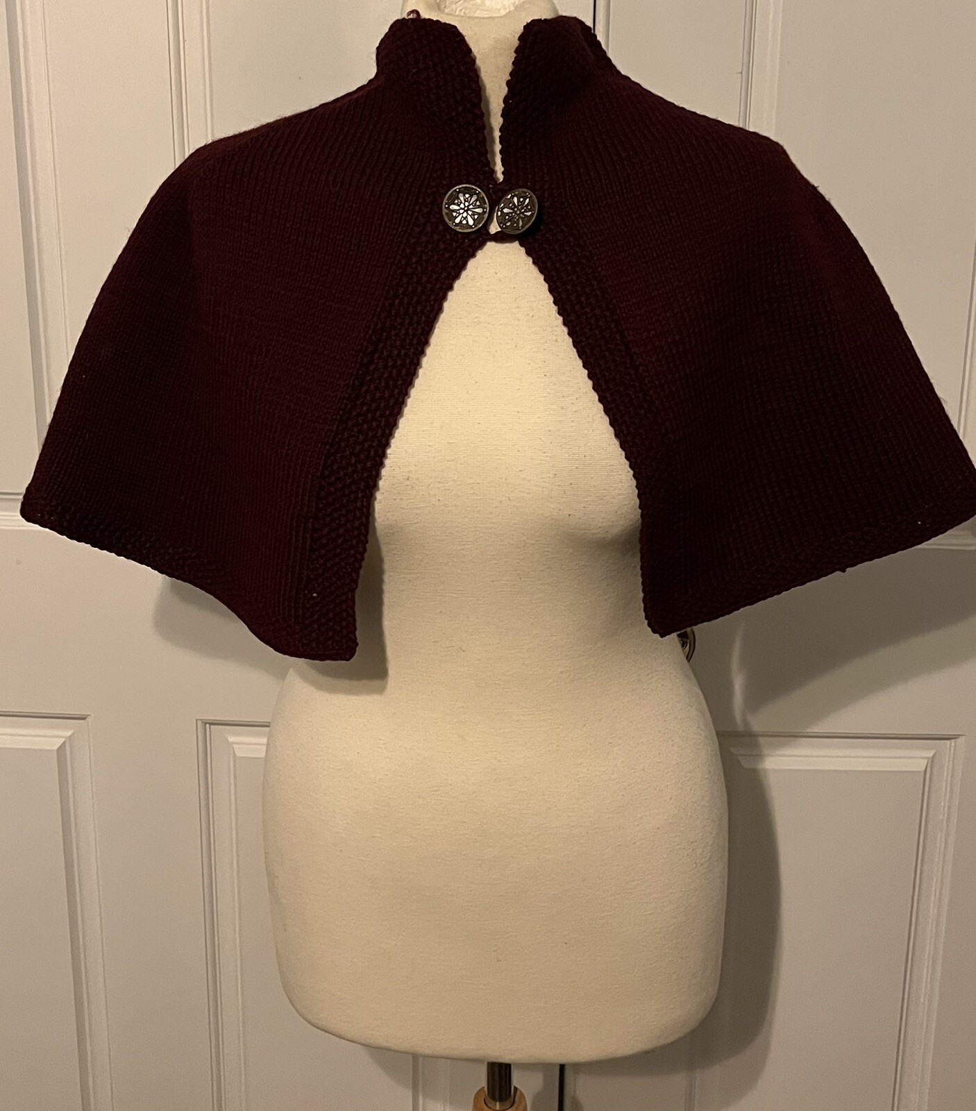 Vintage Maroon Burgundy Handmade Sweater Shawl Cape Ornate Buttons O/S