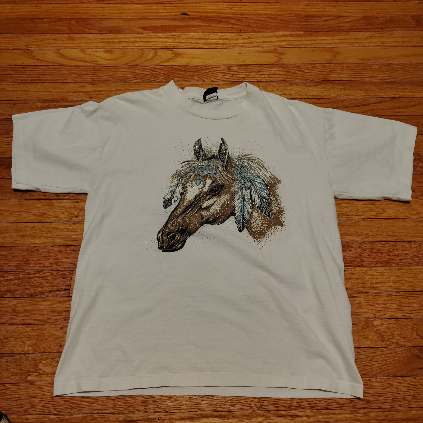 Vintage Diamond Dust Tribal Horse Head T-Shirt Sz Large Single Stitch Equestrian