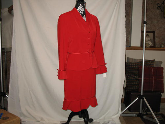 Vintage 1980’s Holiday Christmas Retro Edwardian Red Dress Jacket and Skirt