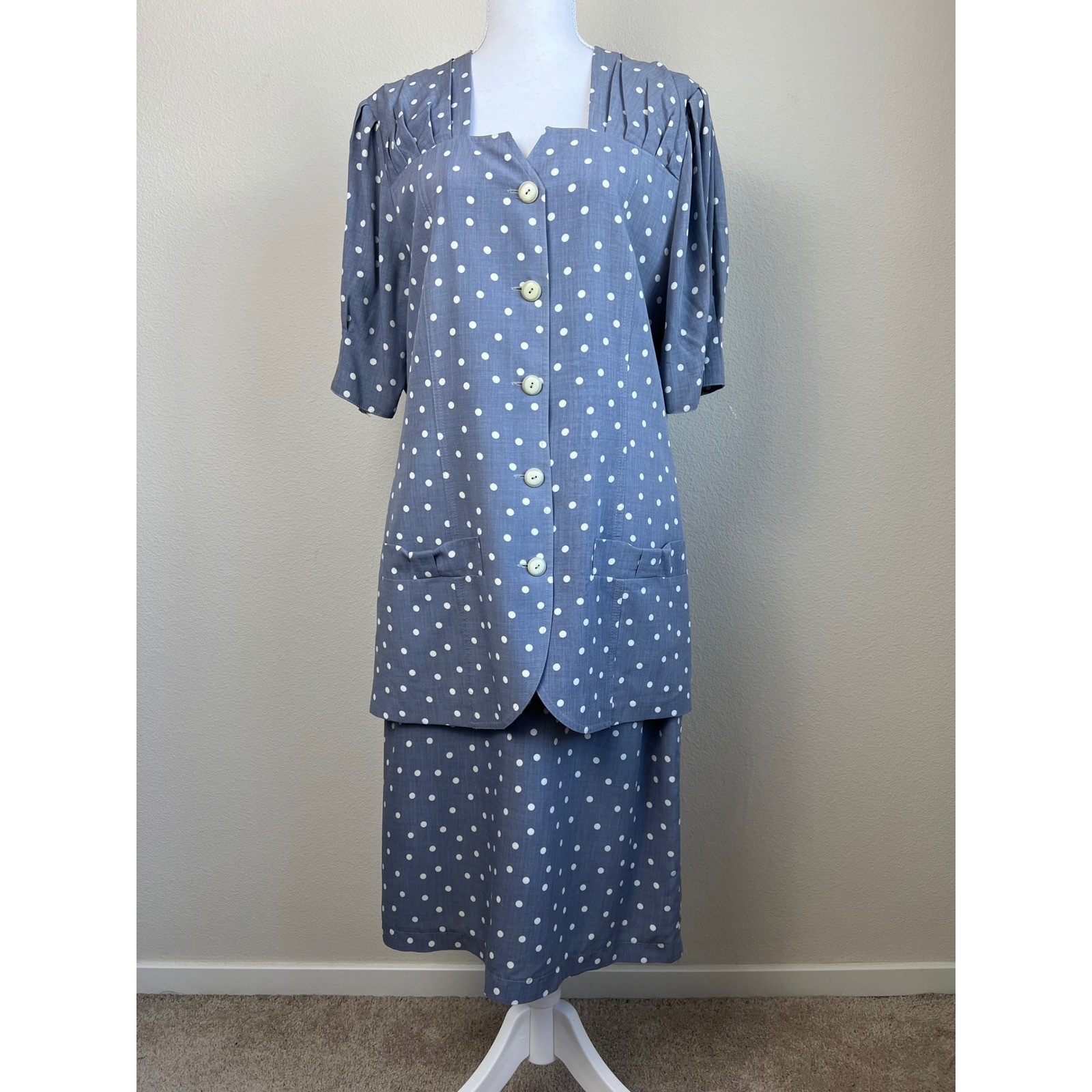 VTG 80s Retro Modest Polka Dot Skirt Suit EU40 US 8/10 Button Front 2 Piece Set