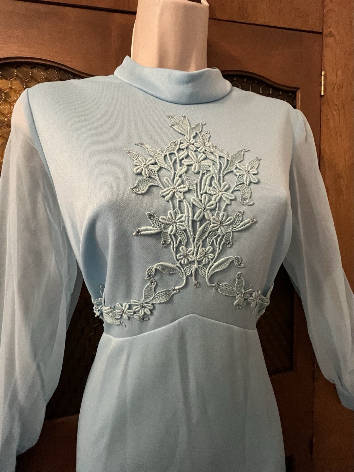 1970s Maxi Dress Light BLUE Sz 14-Rhinestone Bodice Prom Party Formal Sheer Slvs