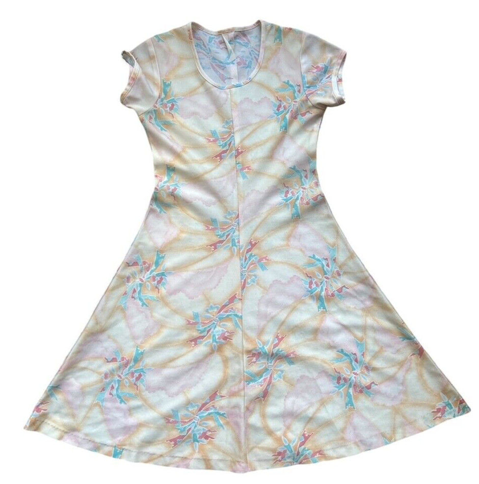 VTHG 1970s DRESS short sleeve fit flare floral Boho Disco Secretary Teacher