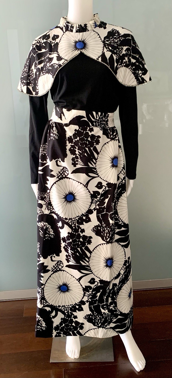 Vintage 60s Donald Brooks Black White Blue Floral Print Dress with Cape Size M