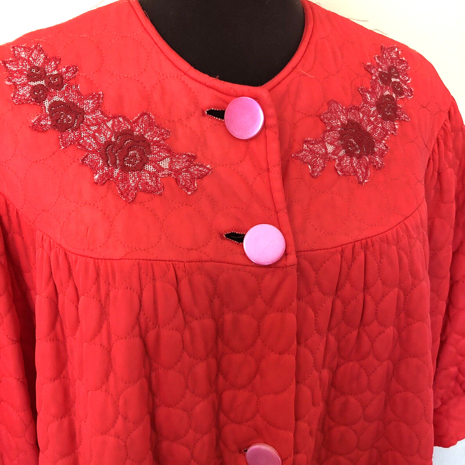 50’s 60’s Vintage Quilted House Dress Robe Red Pockets Applique No Label