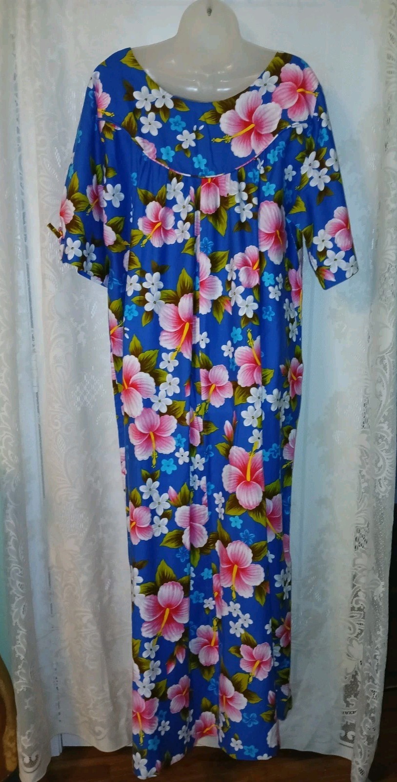Vintage 60s Ui-Maikai Blue Hawaiian Pink Hibiscus Cotton Muumuu Dress XL Tiki O