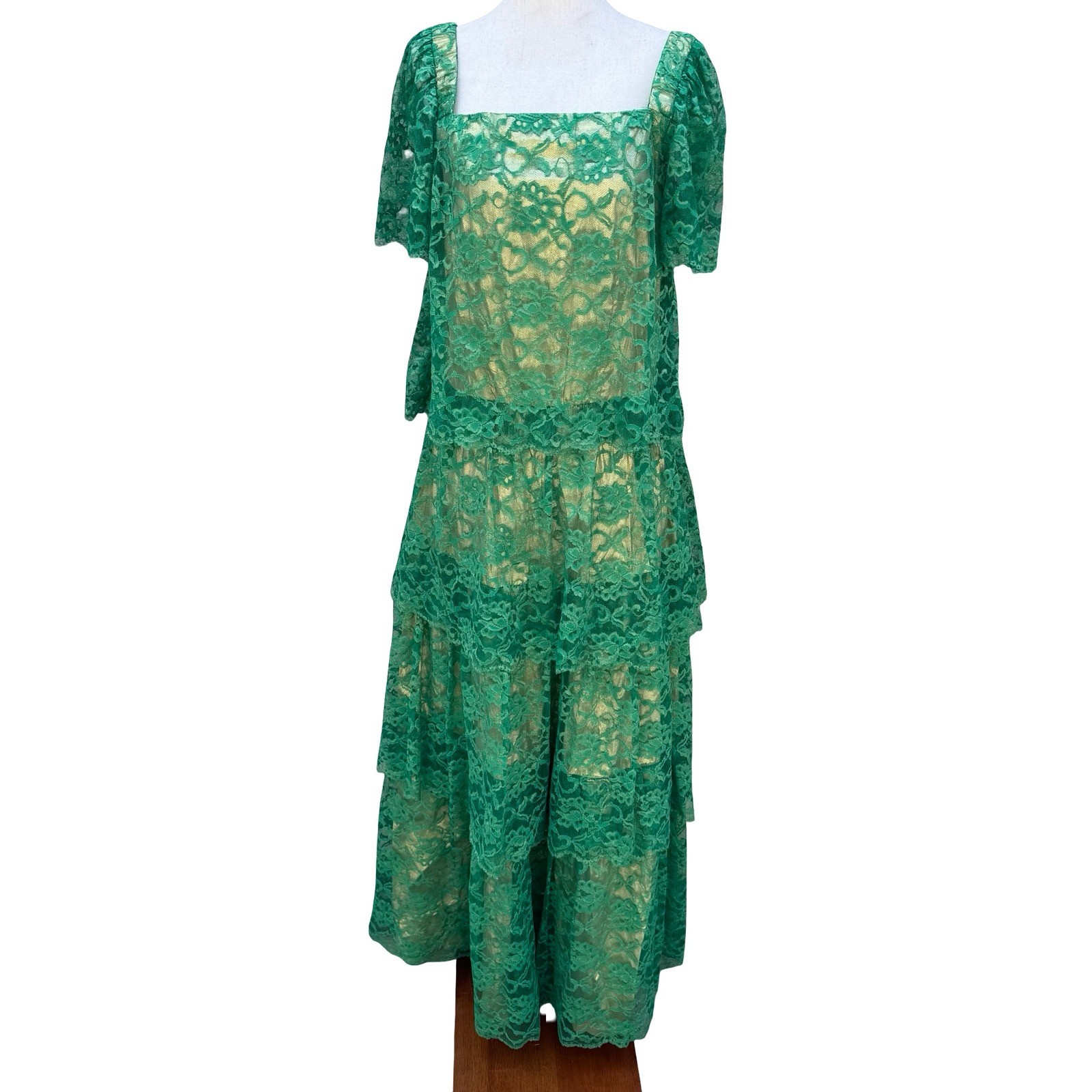 Vintage Green Floral Lace Gold Metallic Tiered Maxi Dress Square Neck Handmade