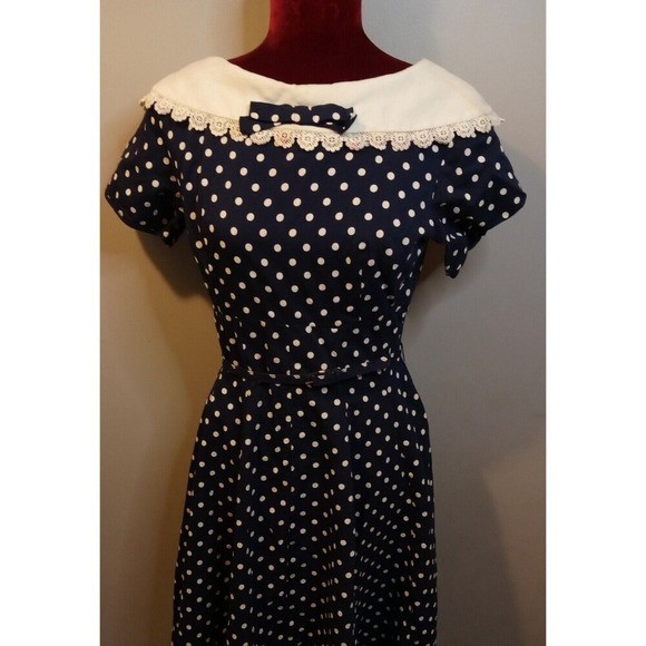 Vtg Homemade 70s Sailor Nautical poke a dot Dress small See Measurements