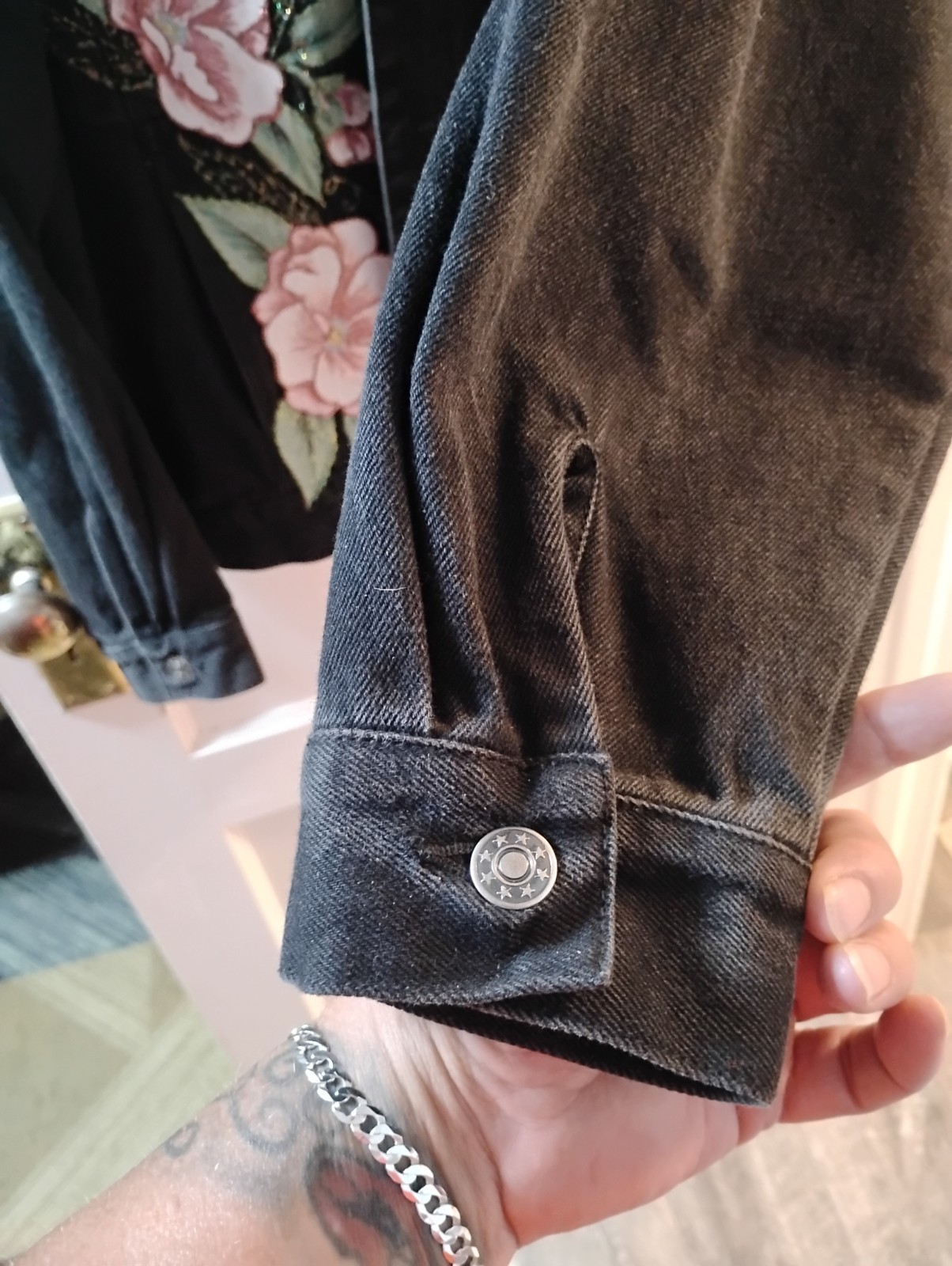 Vintage 80s Todays News Black Denim Jacket Embroidered Floral Rhinestone Concho
