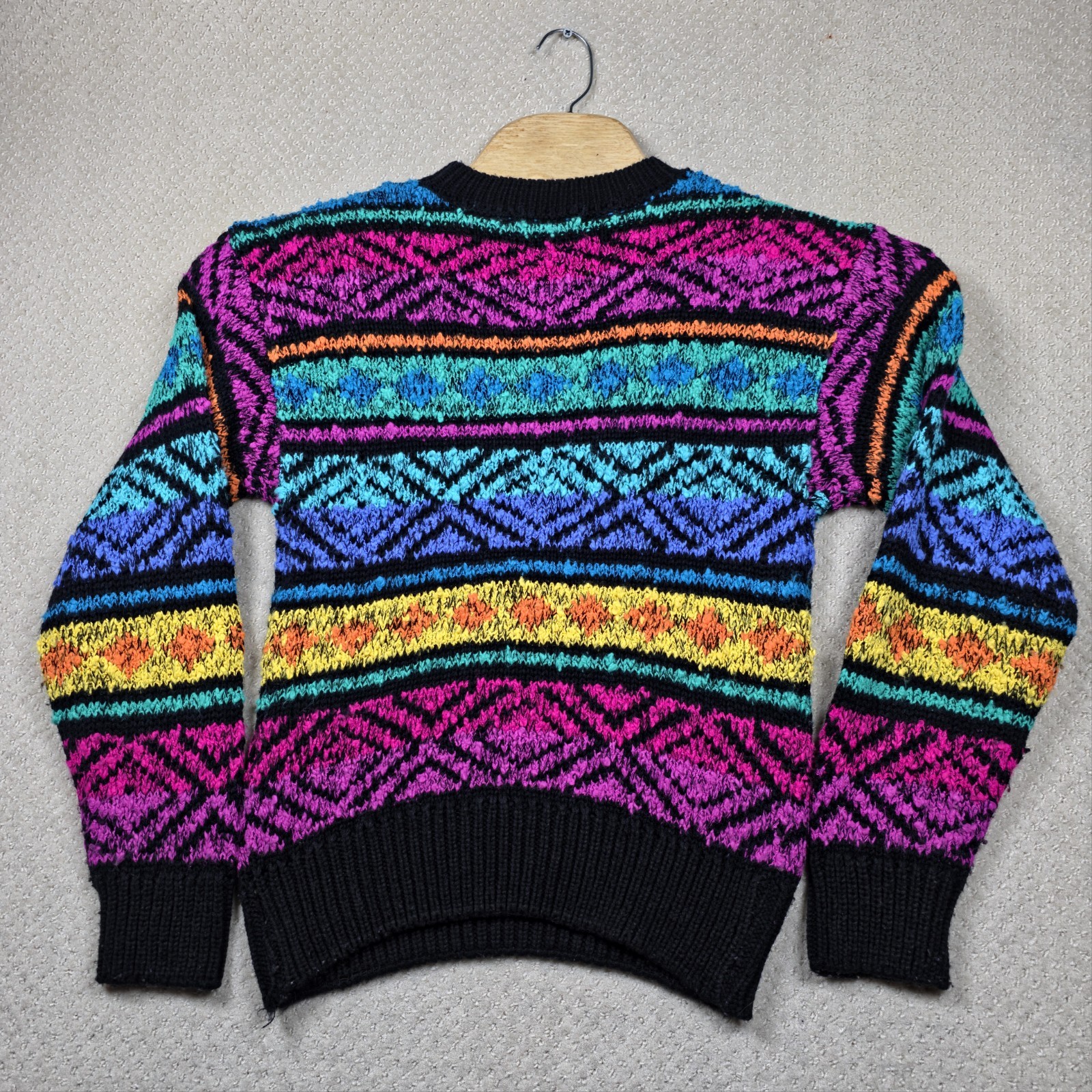 VTG 80s Cristina Sweater Women M Black Neon Aztec Cosby Chunky Knit Shoulder Pad