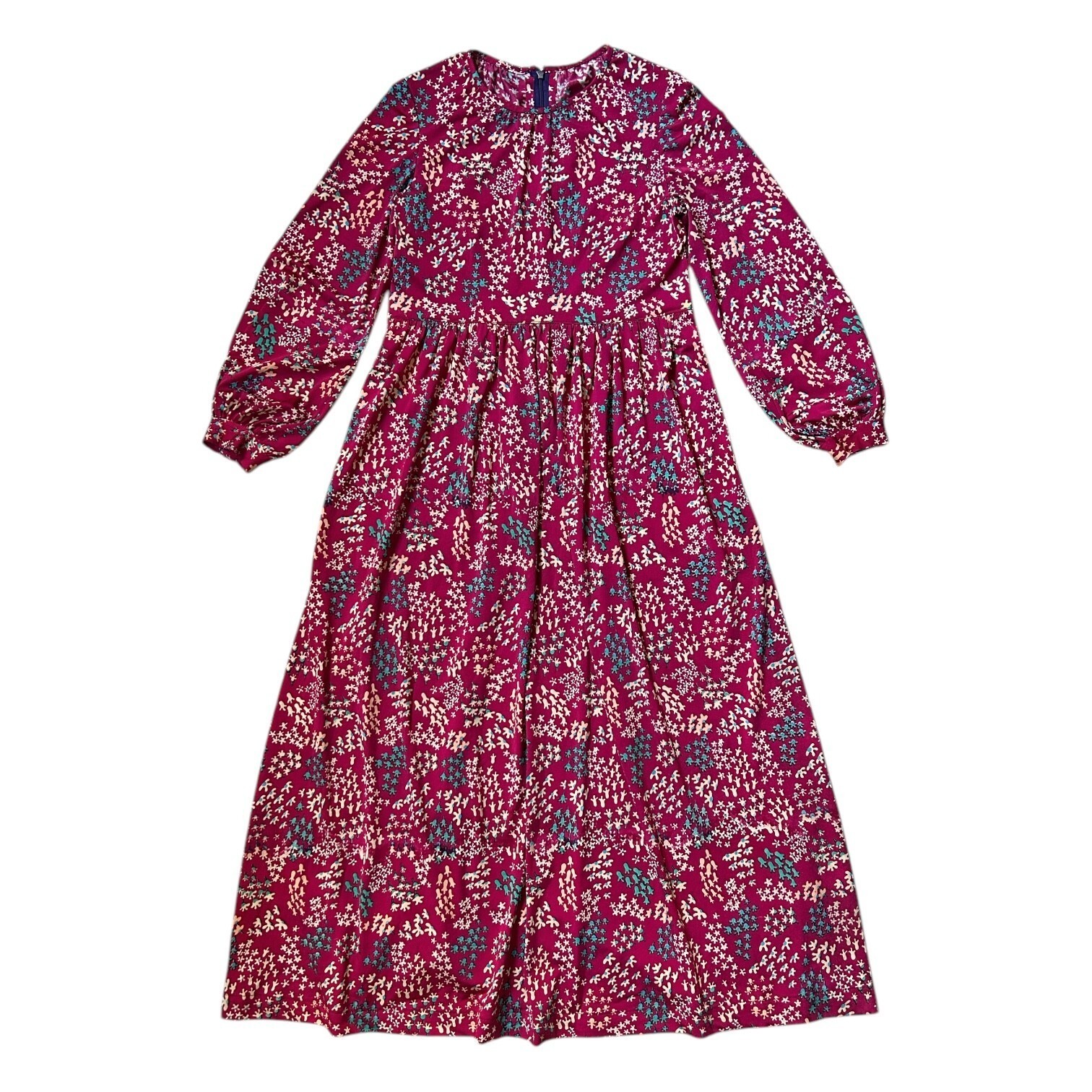 70s vintage floral hippy dress maxi puff balloon sleeve abstract retro pattern.