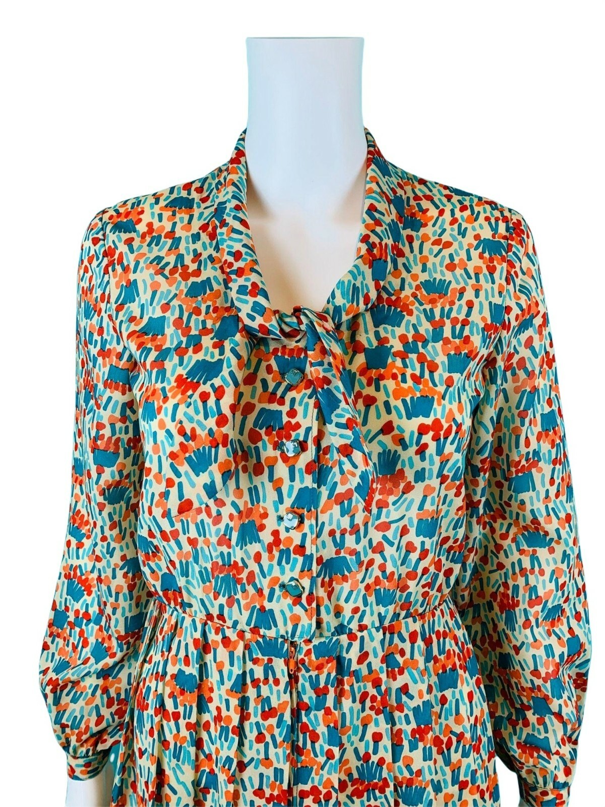 Vintage 1980s Silk Shirtdress Necktie Red Orange Blue Artistic Printed Dress