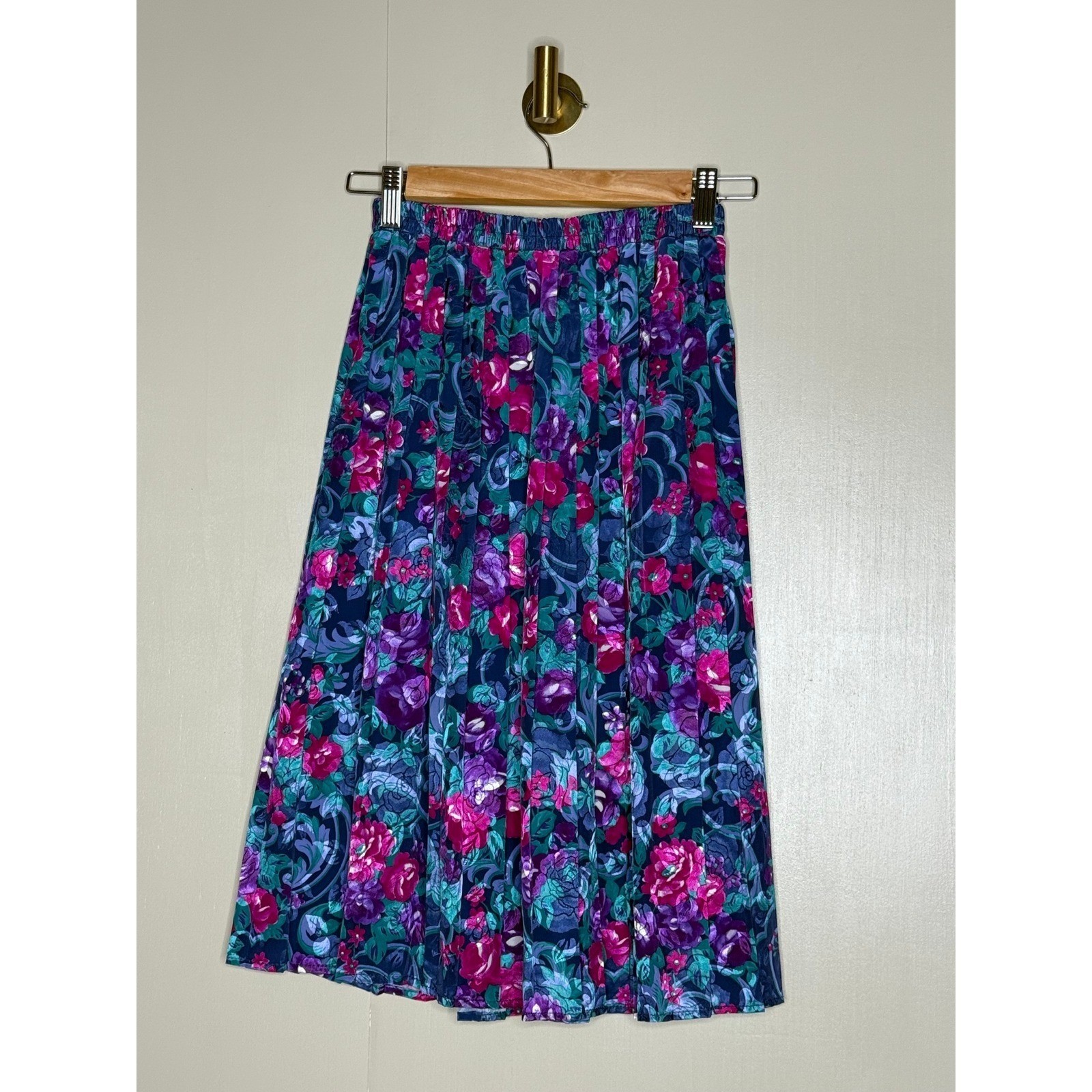 Vintage Floral Pleated Skirt Jewel Tone Rose Print Cottagecore Size 6