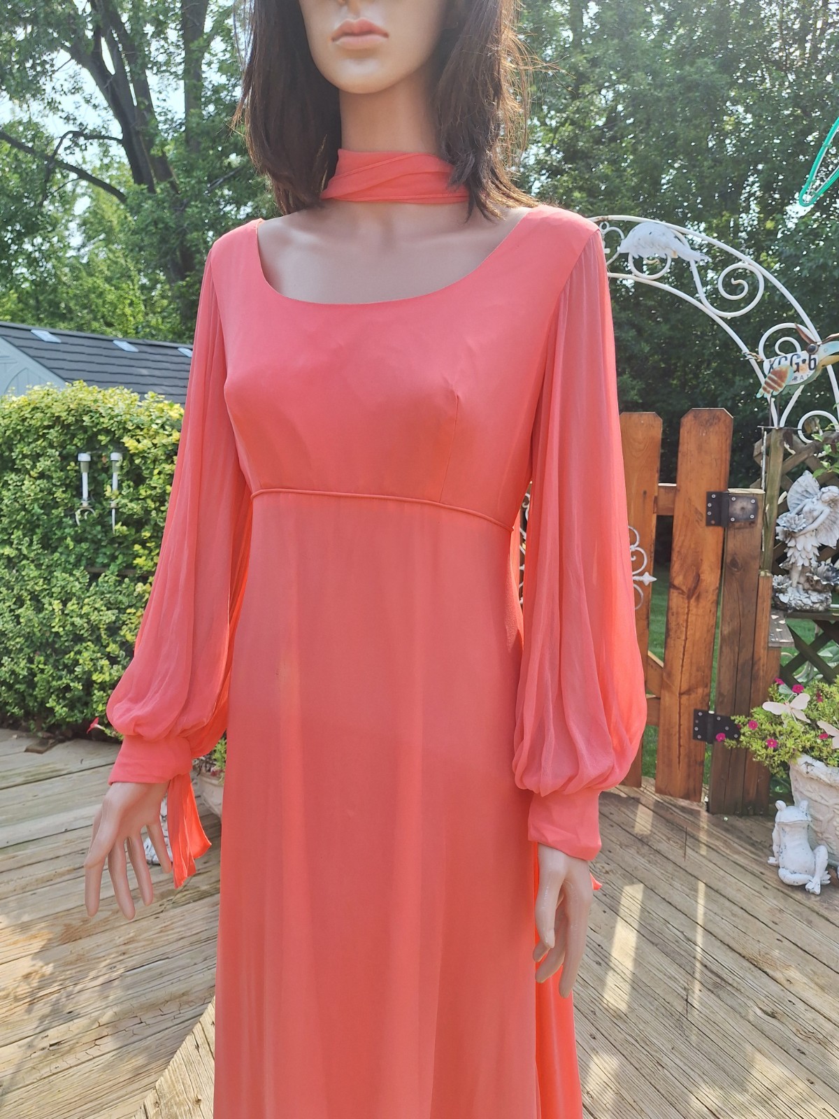 Mid-century Mod 1970s Empire Waist Chiffon Evening Gown Maxi Dress Bridesmaid L