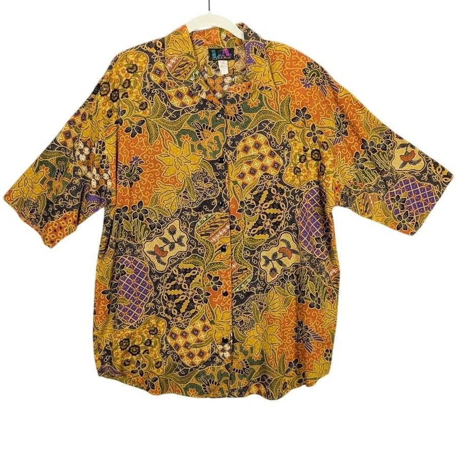 Vtg LA Dreamin Shirt Womens 20 Orange Floral Button 1/2 Sleeve Boho Retro