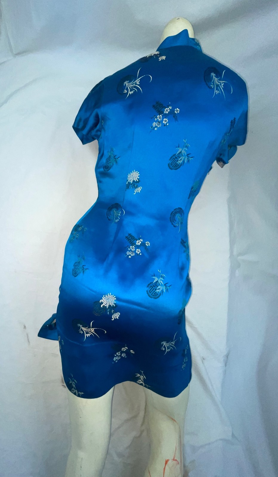 VTG 60S WOMENS S BLUE ASIAN ORIENTAL SHORT MINI SATIN SILK QIPAO CHEONGSAM DRESS