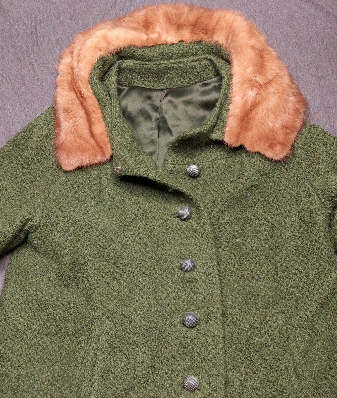 Vintage Midbrooke NY Mink Coat Fur Trim Collar Green Princess Line Mid Century