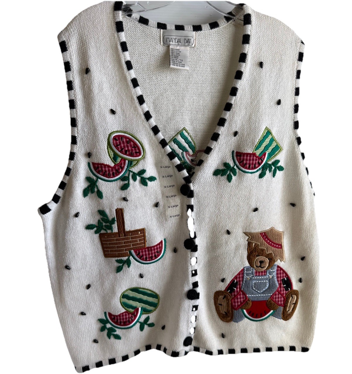 VTG 90’s Mandal Bay Knit Sweater Vest Size XL Teddy Bear Watermelon Cottagecore