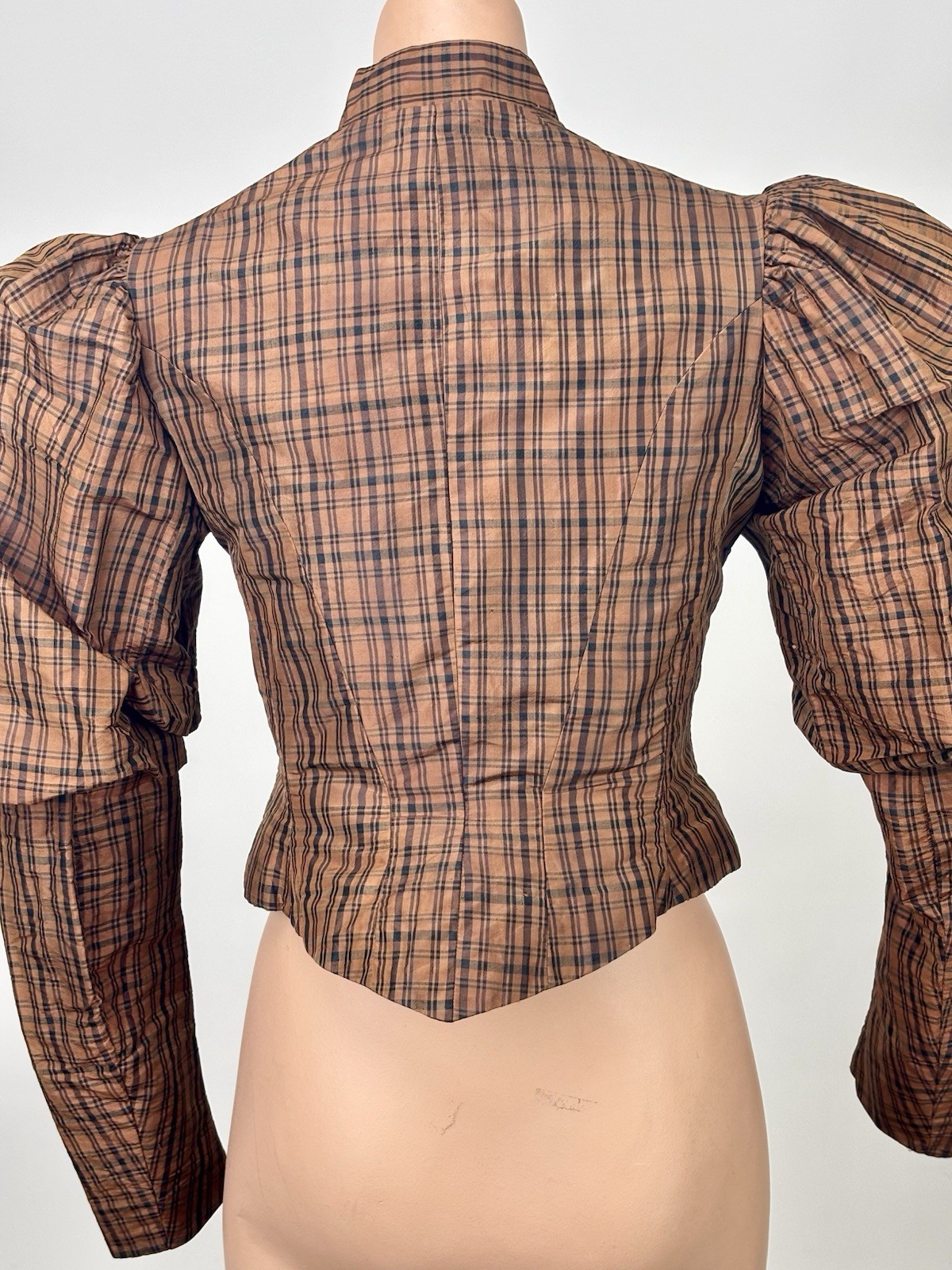 Antique Victorian 1890 Jacket Bodice Leg of Mutton Sleeve Brown Black Plaid Silk