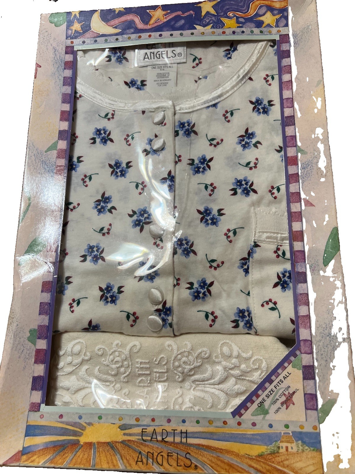 Vtg Earth Angels Floral Nightgown OneSize White/ Blue Satin Buttons & Trim