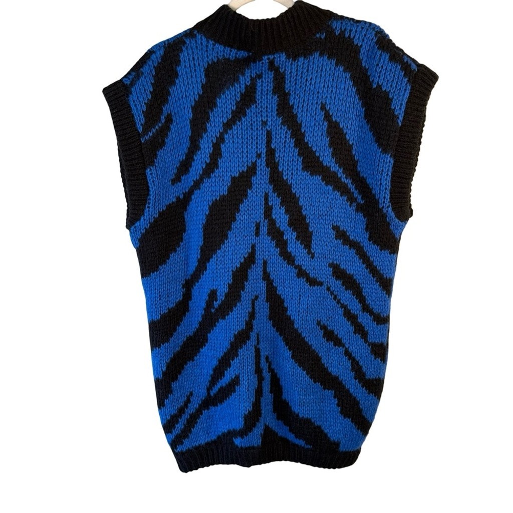 Blue and Black Handknit Zebra Cardigan Sweater Size L XL Y2K Chunky Oversized
