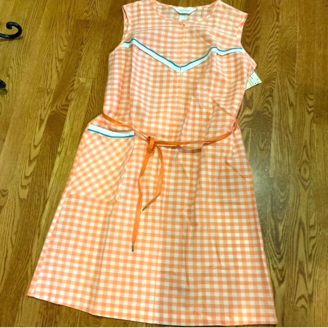 Vintage Komar Dress Orange Plaid Big Pocket Size Large USA NOS