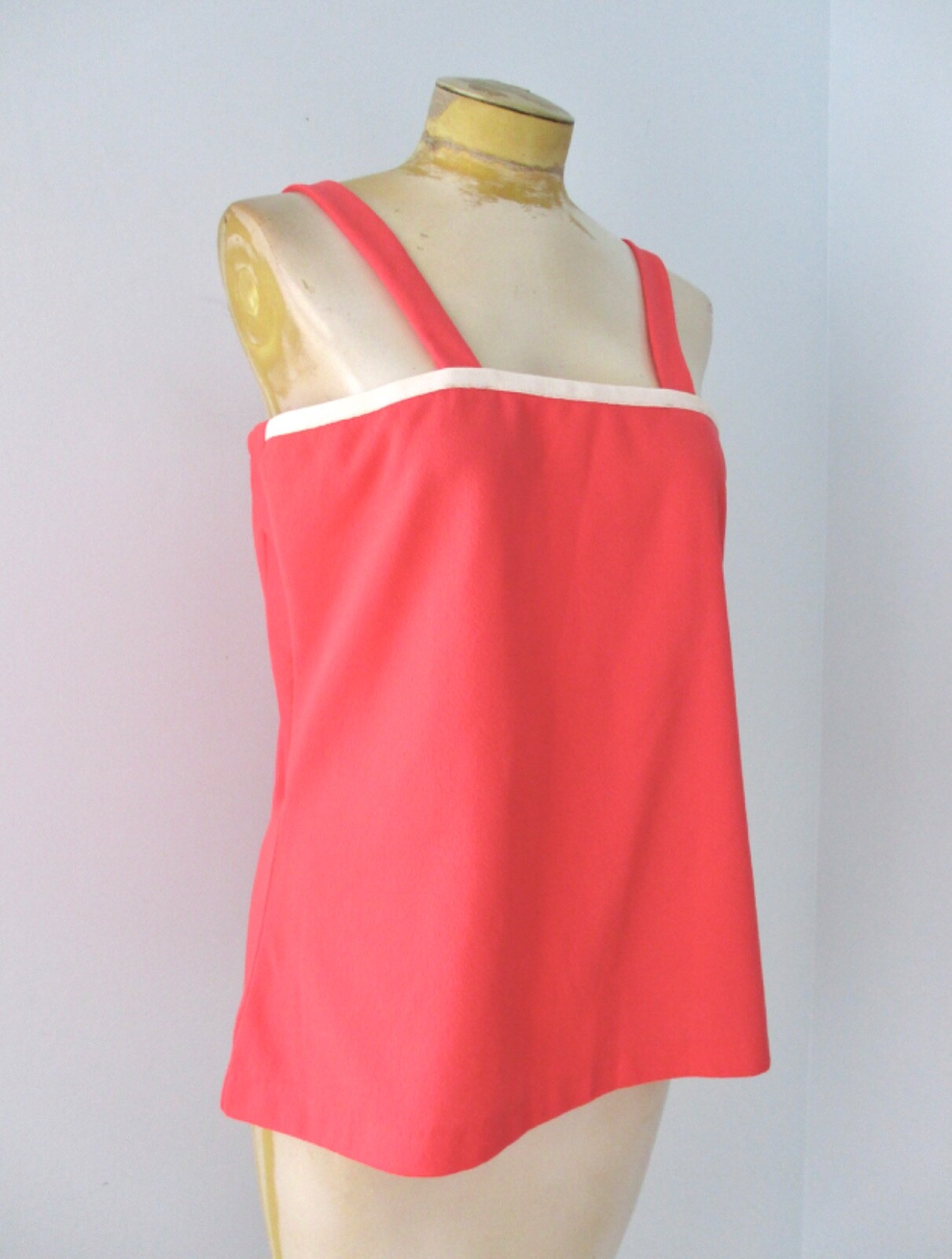Vtg 60s 70s Mod Aldens Coral Pink Textured Poly Knit Boxy Pullover Tank Top 16
