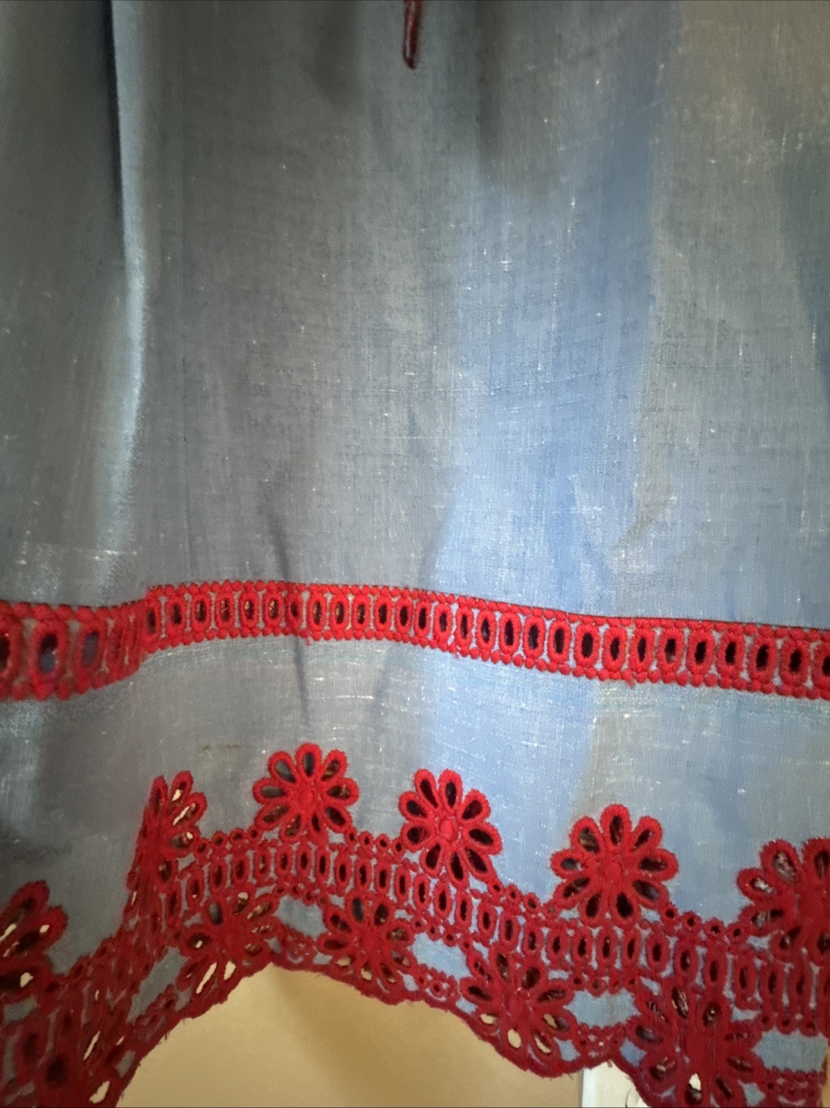 Pat Sandler for Pat’s Place Blue Chambray Dress Red Cutwork Embroidery Size 8