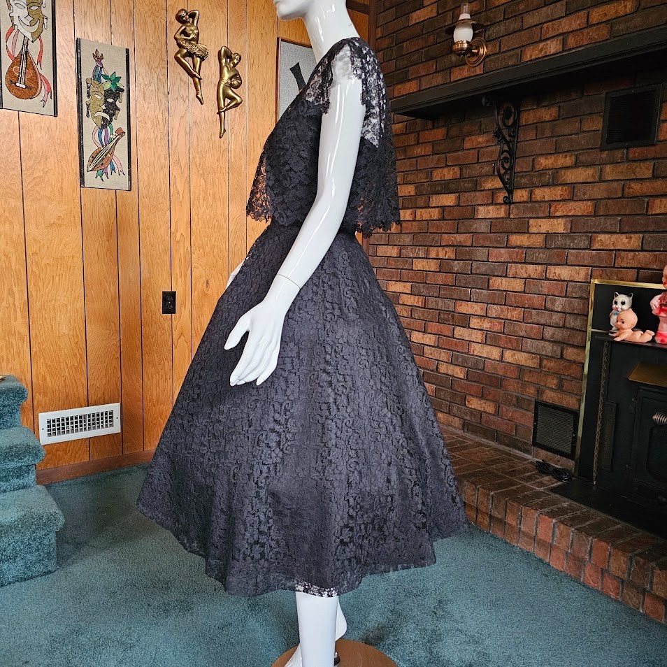 Vintage 1950s Black Lace Circle Prom Evening Cocktail Party Dress w/ Bolero XS/S
