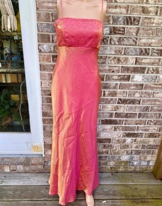 90s Vintage Beaded Coral Bridgerton Iridescent Blondie Nites Prom Dress Gown