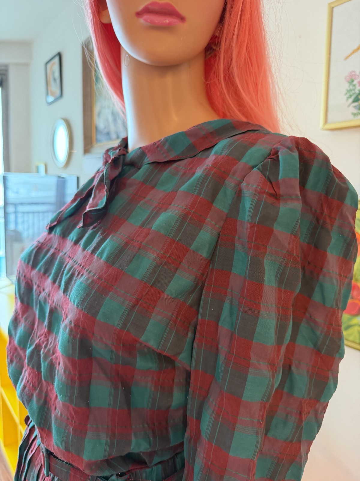 🎀 Vtg 70s Asian Export Plaid Cotton Batwing Pussy Bow Top Skirt Buckle Dress M