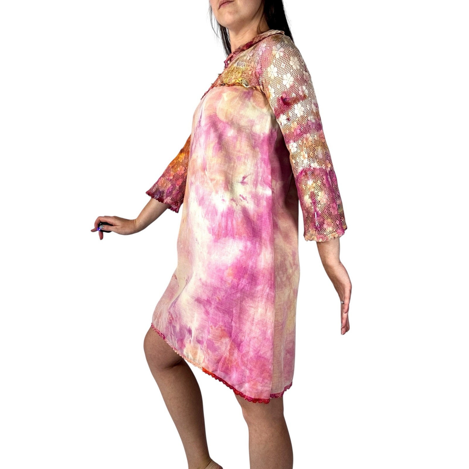 Vintage 1960s Hand Dyed Pink Orange Ice Dye Shift Dress Bell Sleeves Lace Yoke