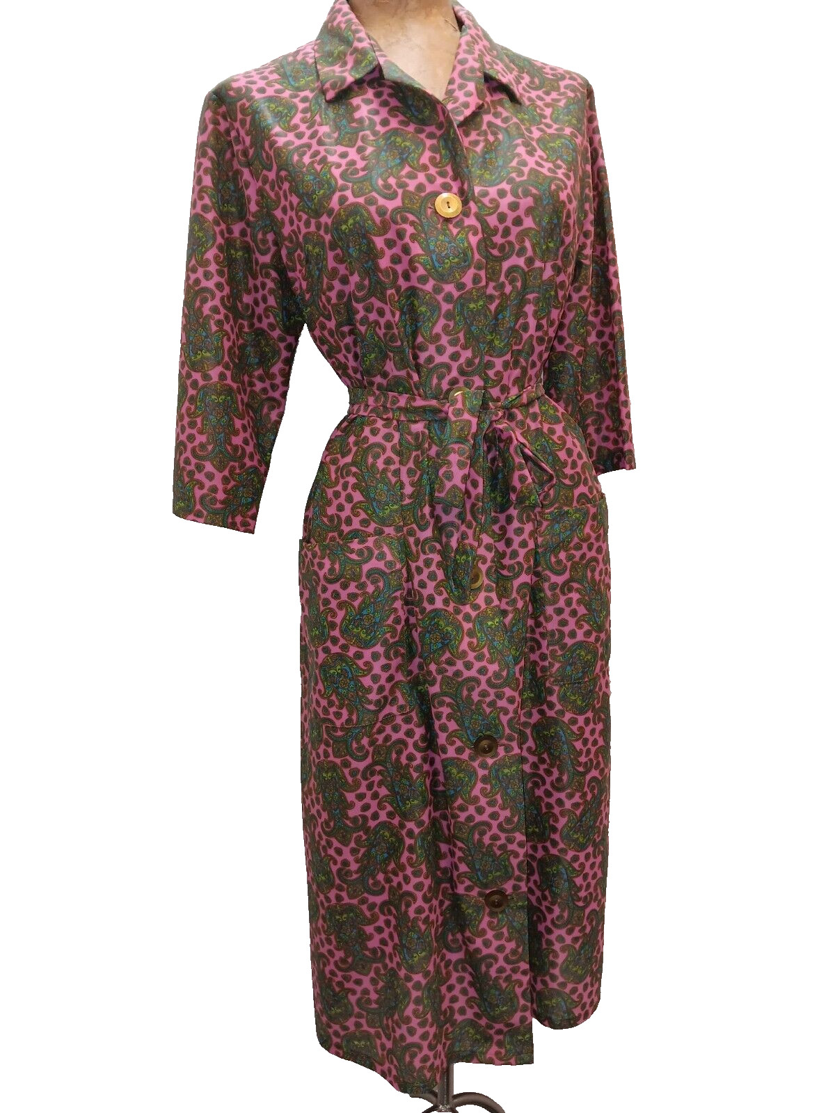 60s Pink Dark Green Blue Paisley Jersey Nylon Button Front Dress by Solida M/L