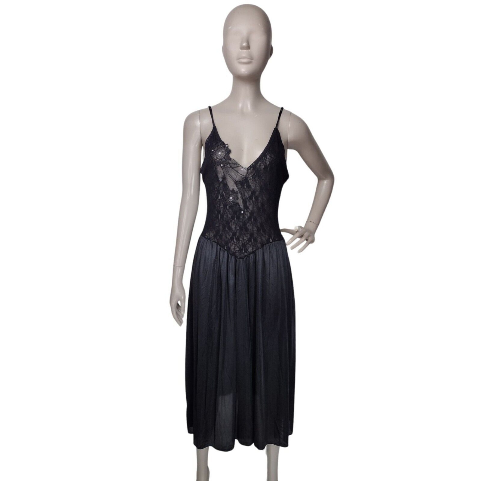 Vintage 80s Cinema Etoile Sexy Black Lace Sweeping Princess Nightgown & Robe NEW