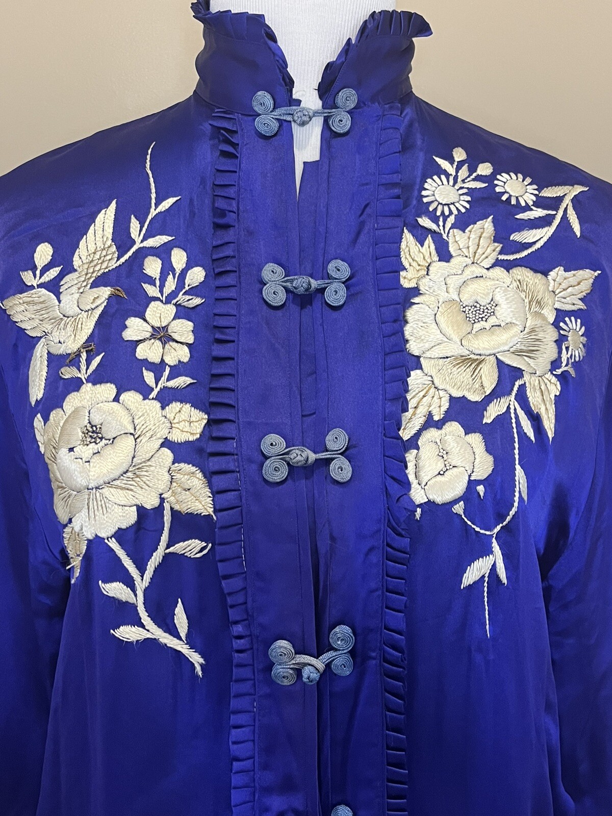 Vtg 50s Japan Quilted Jacket Lounge Set Embroidered Blue Satin Sun Bros Asian