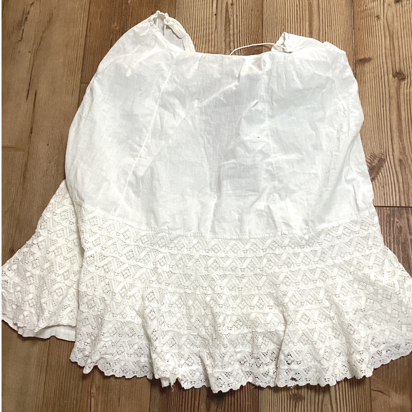 Vintage White Crochet Lace Hem Drawstring Waist Boho Prairie Skirt Edwardian