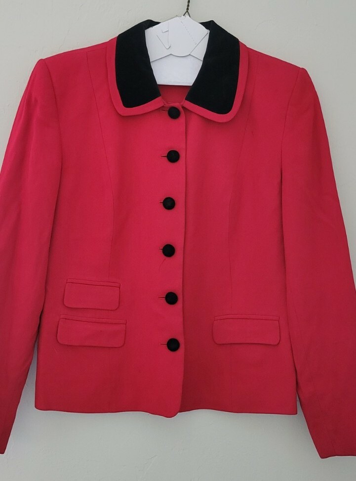 Vtg David Brooks Womens Red Blazer Jacket Velvet Trim Sz 6 Made In USA