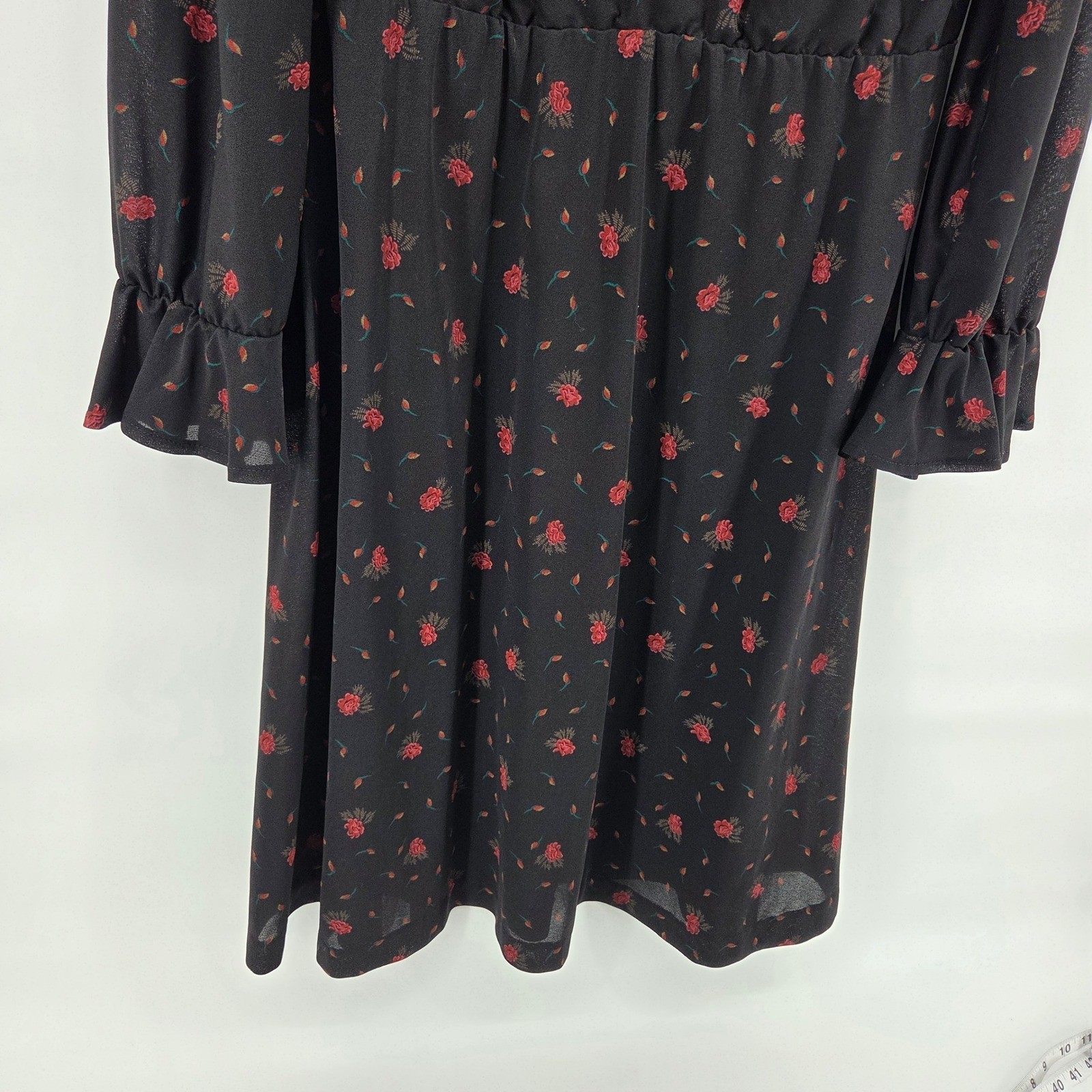 Sharon Dee Vintage Floral Midi Dress Medium Black Red Rose Goth Dark Romantic