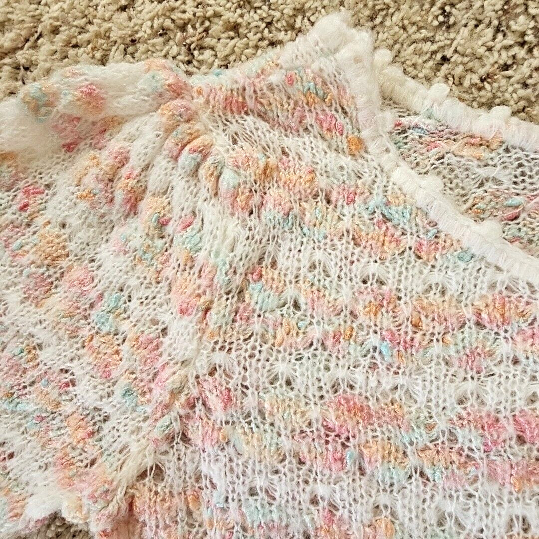 Vintage Womens Open Knit Sweater Large Feminine Coquette Pastels Puff Sleeves